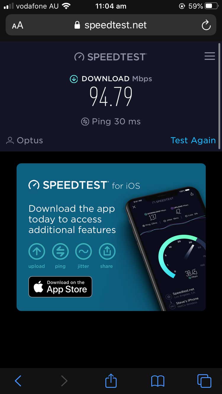 Speed Test with True Blue G Spotter MiMo antenna into Optus B818 Modem