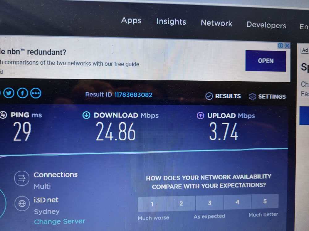 We used to get up to 5-6 Mbps download and about .20, yes point two zero Mbps upload. F**k me, what a difference. 